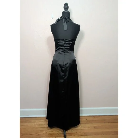 Women's Size Small Black Satin Halter Neck Formal Dress Evening Gown - Picture 5 of 12
